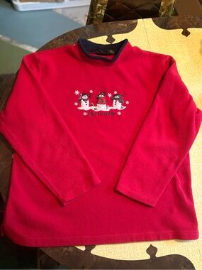 Women's Red Cowl/Turtleneck Sweater with Snowman Embroidery